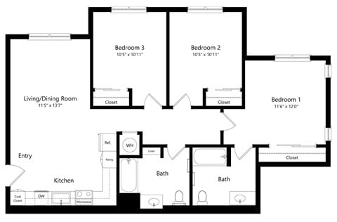 Floor plan for 3 beds, 2 baths, 1074 sqft